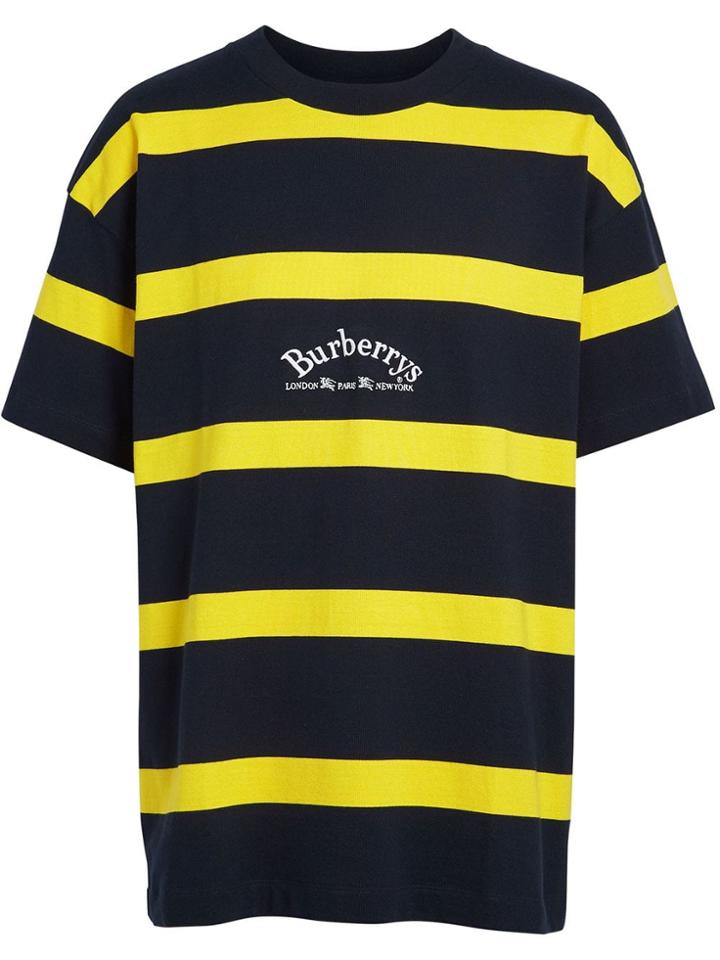 Burberry Embroidered Archive Logo Striped Cotton T-shirt - Blue