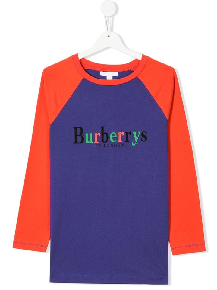 Burberry Kids Contrast Sleeve Logo Top - Blue