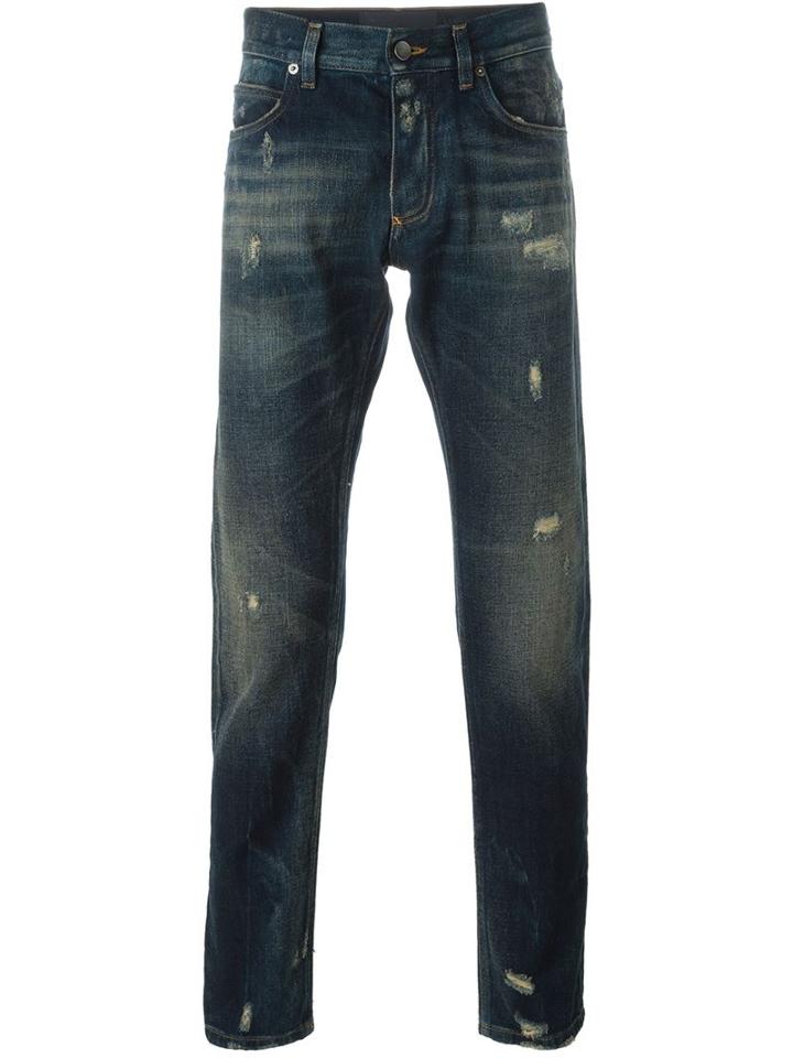 Dolce & Gabbana Rip Detail Jeans, Men's, Size: 50, Blue, Cotton/calf Leather/zamak