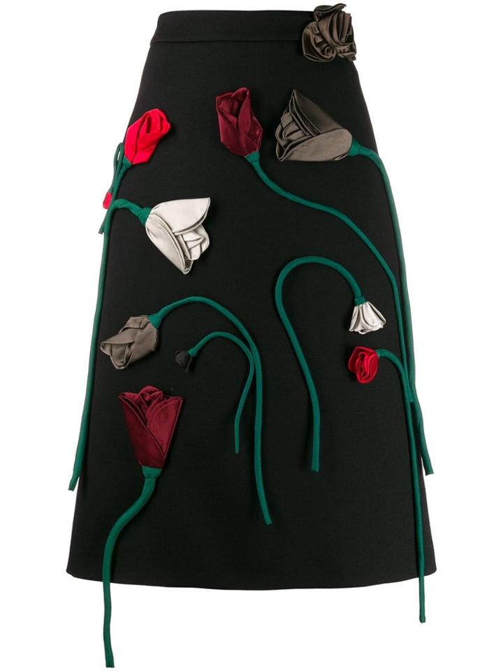 Prada Rose Appliqué Skirt - Black