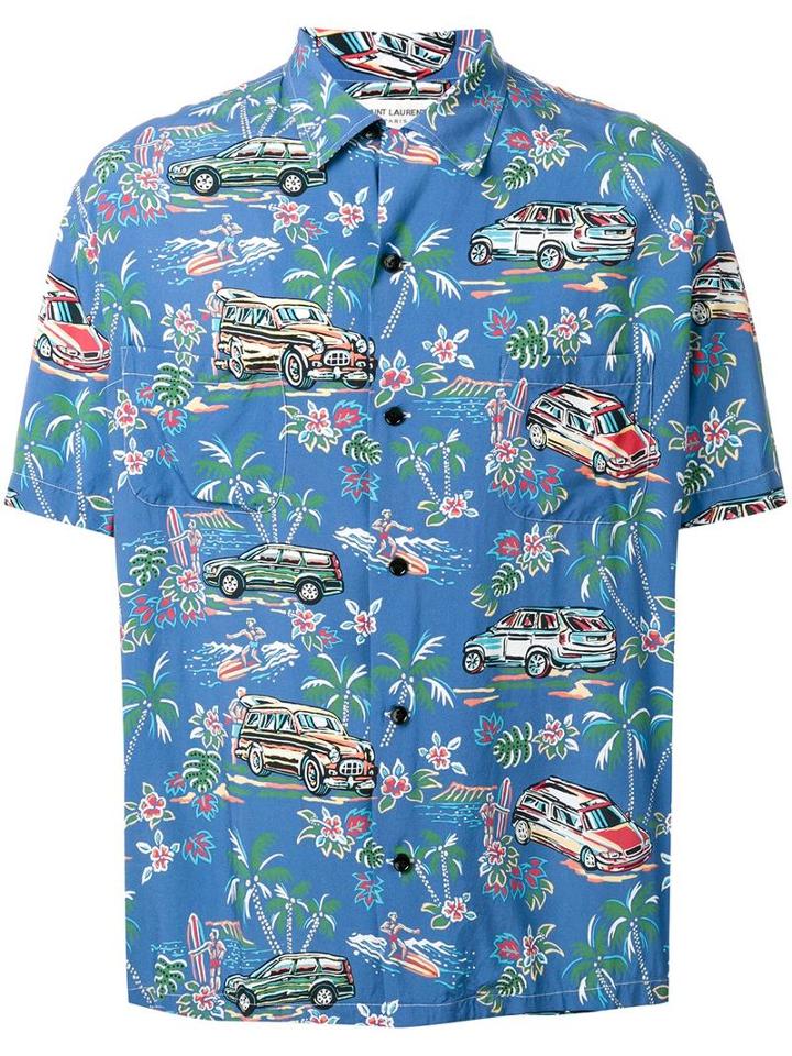 Saint Laurent Classic Hawaiian Shirt, Men's, Size: 42, Blue, Viscose