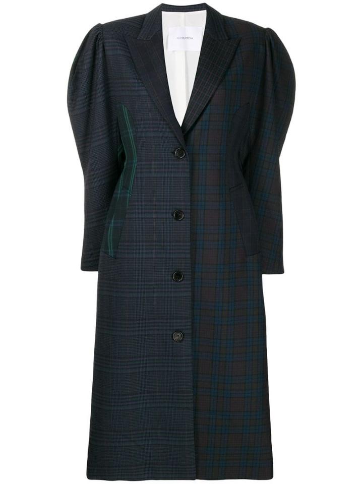 Pushbutton Oversized Check Print Coat - Blue