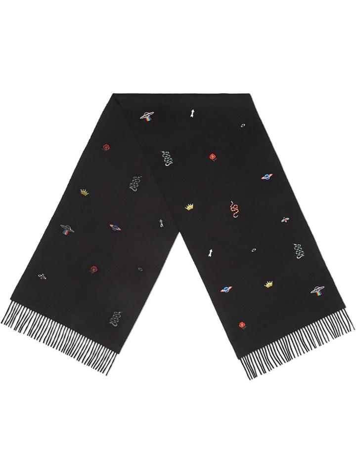Gucci Embroidered Silk Cashmere Scarf - Black
