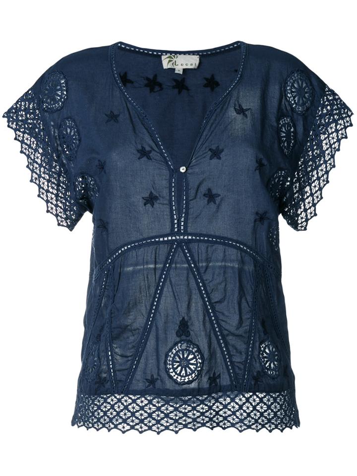 Local Jacki Lace Embellished V-neck Top - Blue
