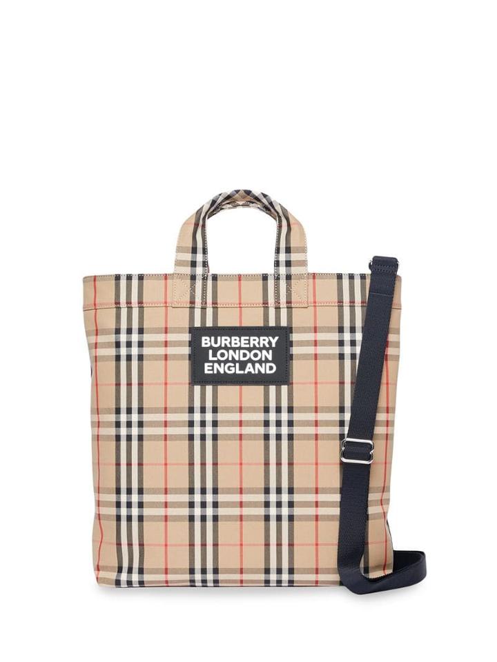 Burberry Logo Appliqué Vintage Check Cotton Blend Tote - Neutrals