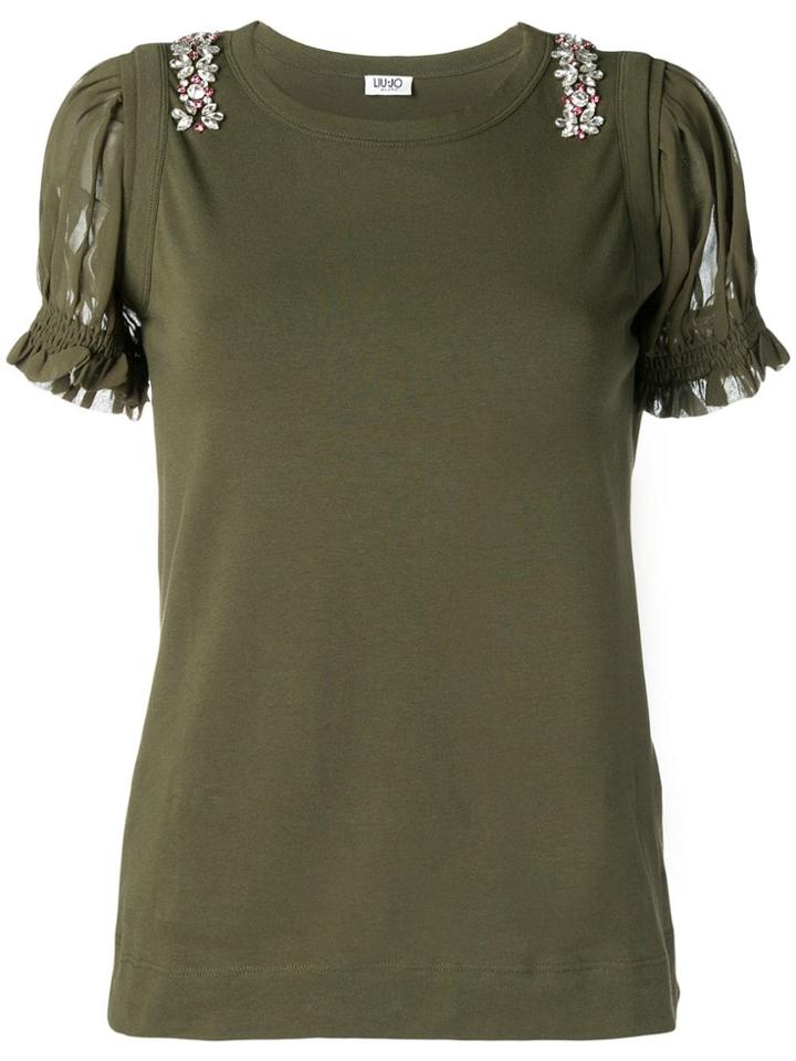 Liu Jo Embellished Ruffled-sleeve T-shirt - Green