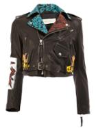 Faith Connexion Painted Cropped Biker Jacket, Women's, Size: 42, Black, Acetate/lamb Skin