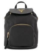 Prada Pebbled Leather Logo Backpack - Black