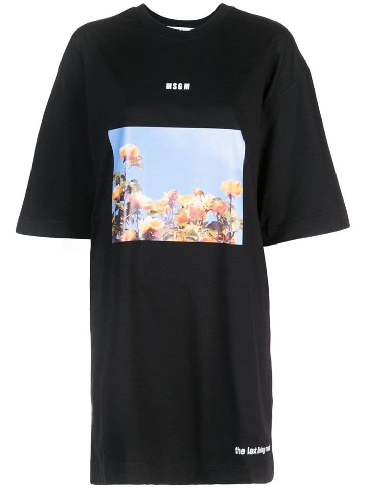 Msgm Roses Print T-shirt Dress - Black