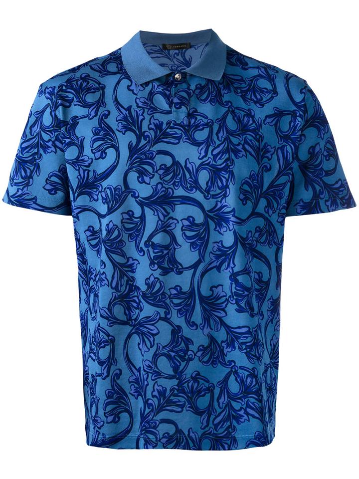 Versace Baroque Print Polo Shirt, Men's, Size: Small, Blue, Cotton