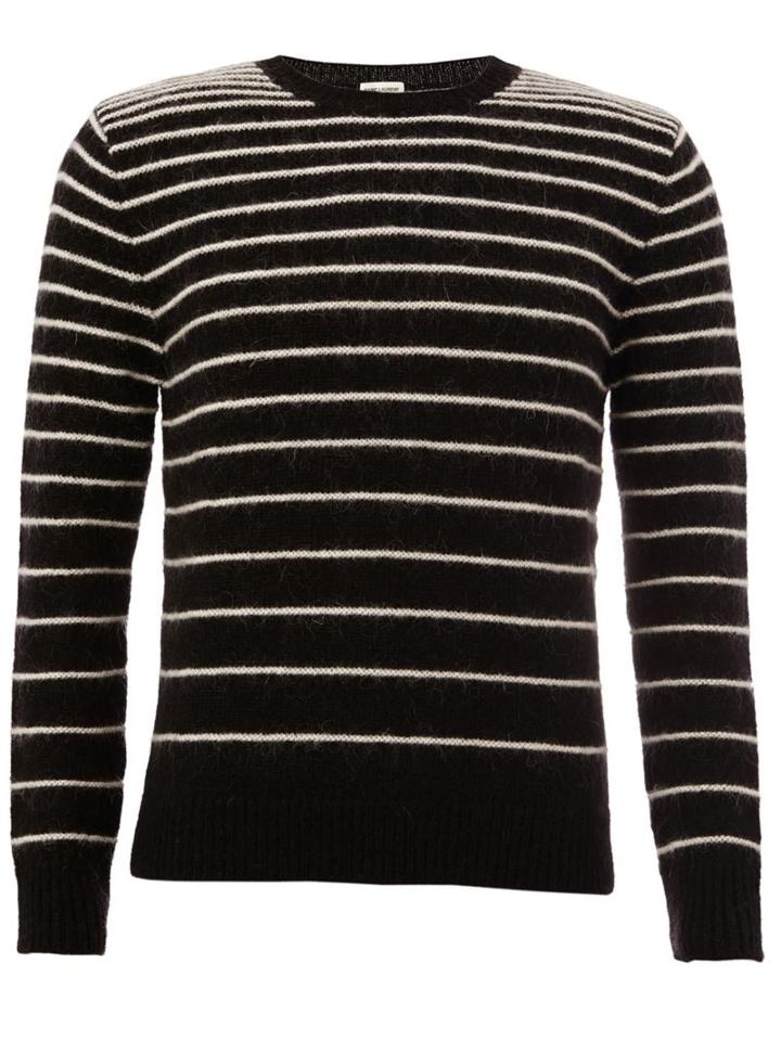 Saint Laurent Striped Crew Neck Sweater, Men's, Size: Medium, Black, Nylon/mohair/wool