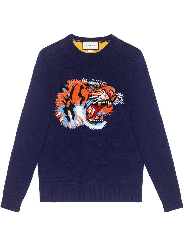 Gucci - Wool Sweater With Tiger Intarsia - Men - Wool - S, Blue, Wool