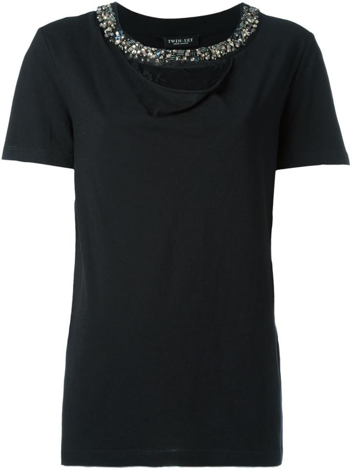 Twin-set Embellished Neck T-shirt, Women's, Size: Large, Black, Cotton/polyamide