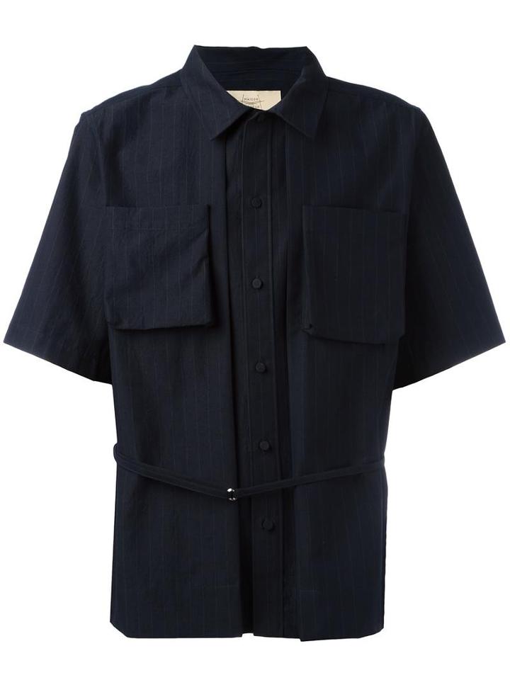 Maison Flaneur Pinstripe Belt Shirt, Men's, Size: 50, Blue, Cotton/virgin Wool