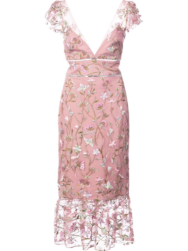 Marchesa Notte Floral-embroidered Midi Dress - Pink & Purple