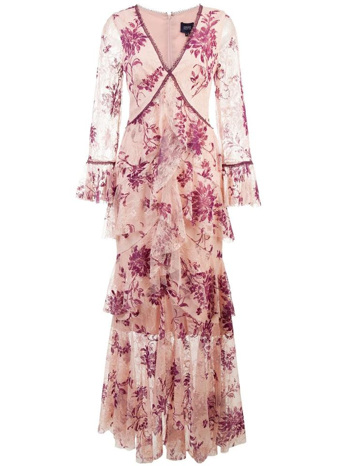 Marchesa Notte Plunge Neck Flocked Lace Gown - Pink & Purple