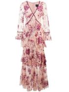 Marchesa Notte Plunge Neck Flocked Lace Gown - Pink & Purple