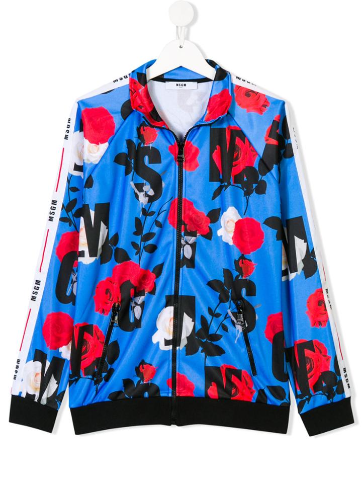 Msgm Kids Floral Logo Print Jacket - Blue