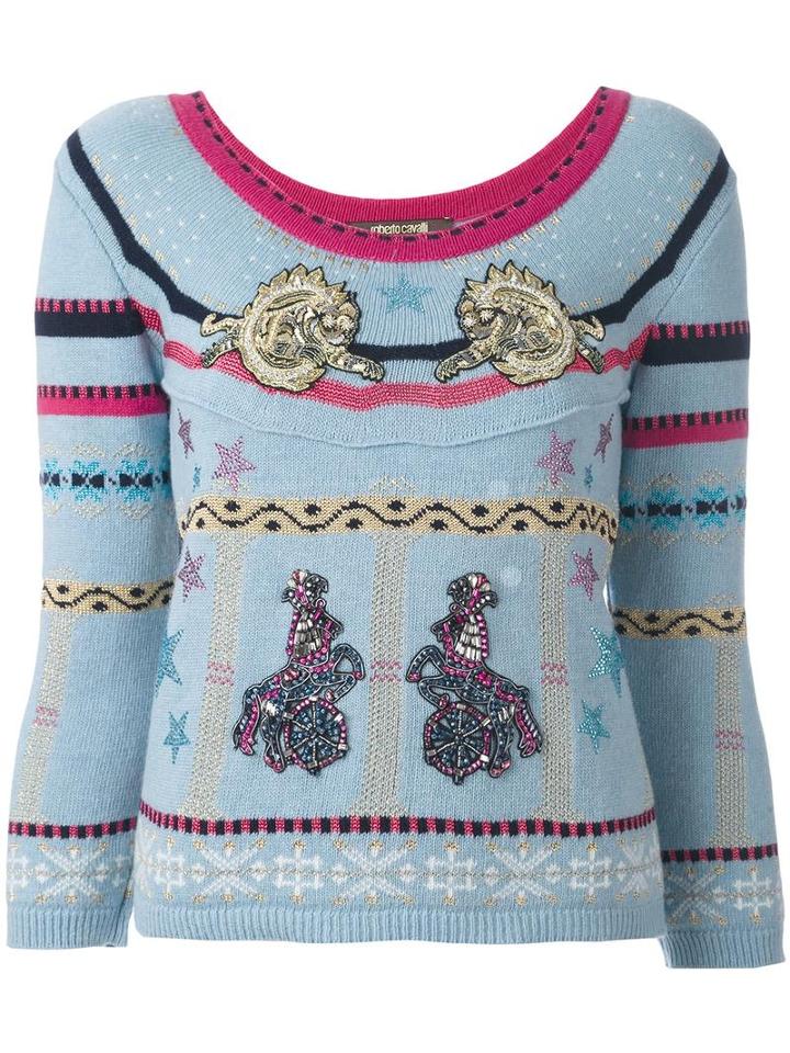 Roberto Cavalli 'circus' Patches Embellished Pullover, Women's, Size: 40, Blue, Virgin Wool/acetate/polyester/polyamide