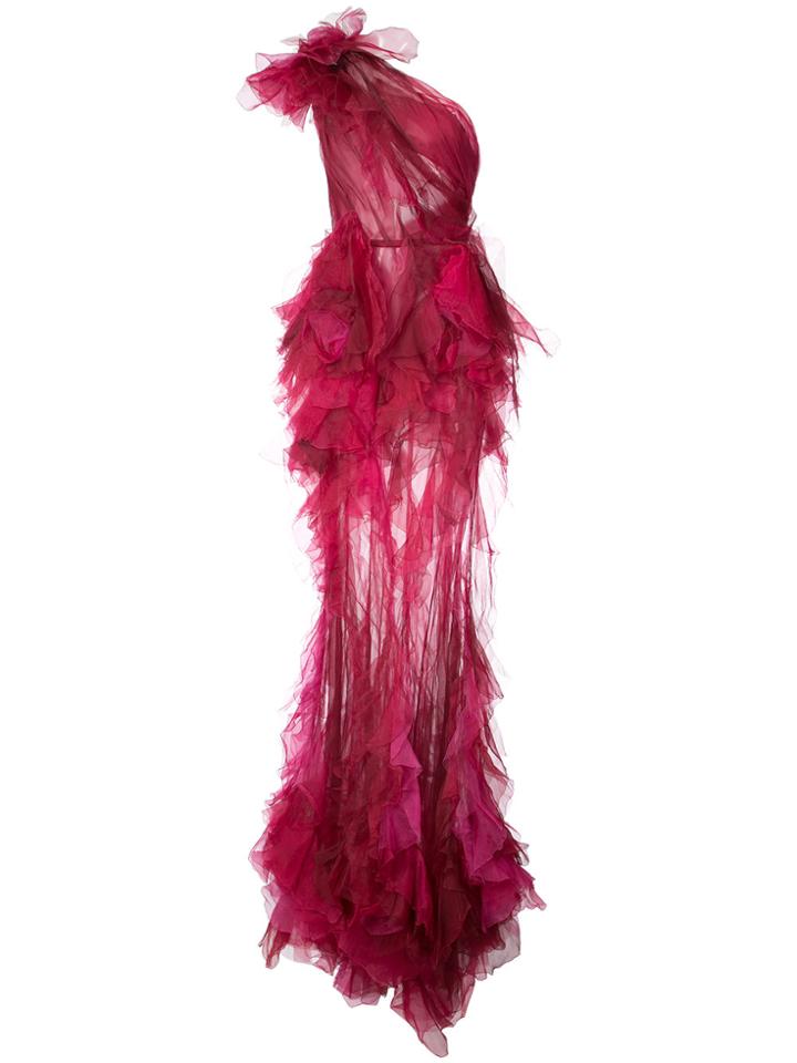 Marchesa One-shoulder Ruffled Gown - Pink & Purple