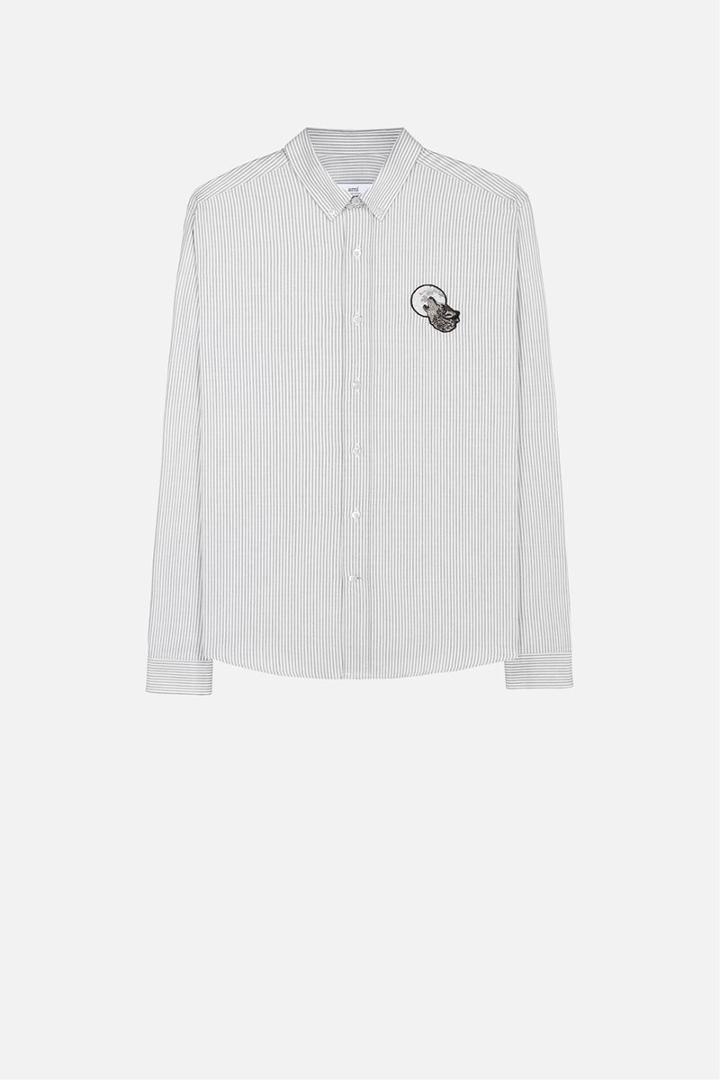 Ami Alexandre Mattiussi Wolf Patch Striped Shirt, Men's, Size: 39, Black, Cotton