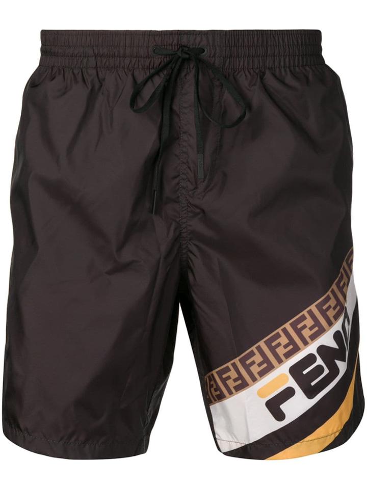 Fendi Logo Stripes Swim Shorts - Black