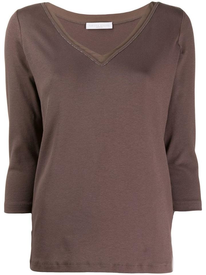 Fabiana Filippi Embellished V-neck T-shirt - Brown
