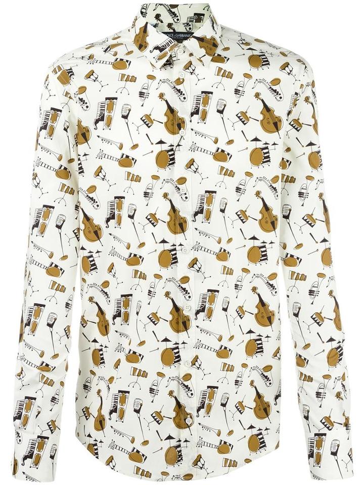 Dolce & Gabbana Musical Instrument Print Shirt, Men's, Size: 41, Nude/neutrals, Cotton