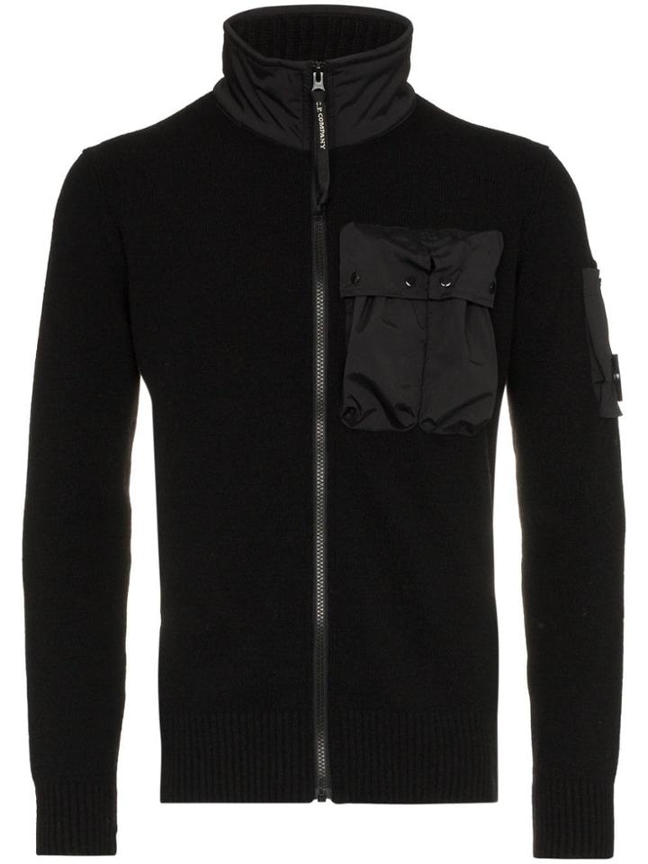 Cp Company Logo Printed High Neck Wool Cardigan - Black