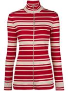 Prada Striped Rib Knit Turtleneck Cardigan - Red