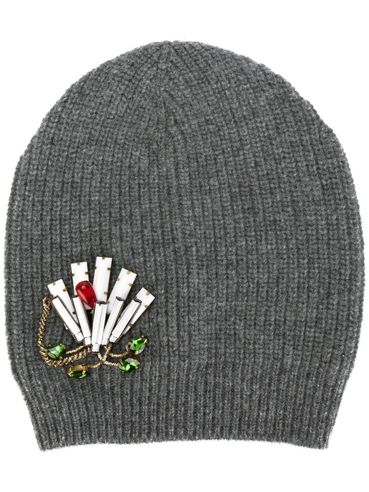 No21 Embellished Knitted Beanie Hat - Grey