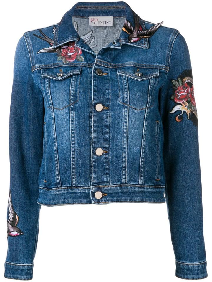 Red Valentino Floral Appliqué Denim Jacket - Blue