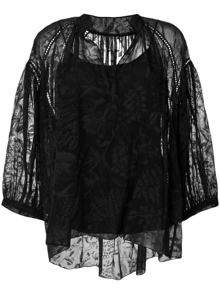 Noon By Noor Burnout Floral Relaxed Henley Neck Ruched Blouse - Black