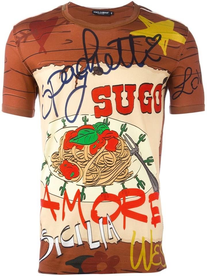 Dolce & Gabbana Spaghetti Print T-shirt, Men's, Size: 46, Brown, Cotton