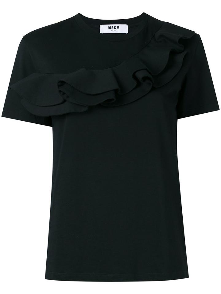 Msgm Ruffled Detail T-shirt, Women's, Size: Medium, Black, Cotton