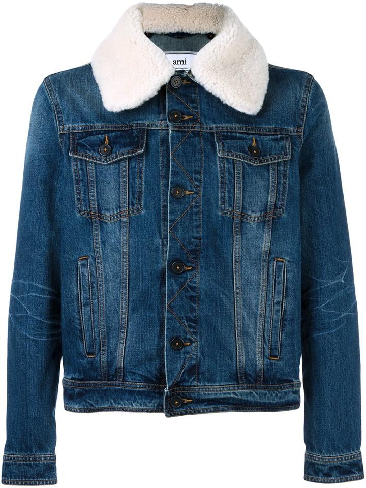 Ami Alexandre Mattiussi Collar Detail Denim Jacket, Men's, Size: Medium, Blue, Cotton/sheep Skin/shearling