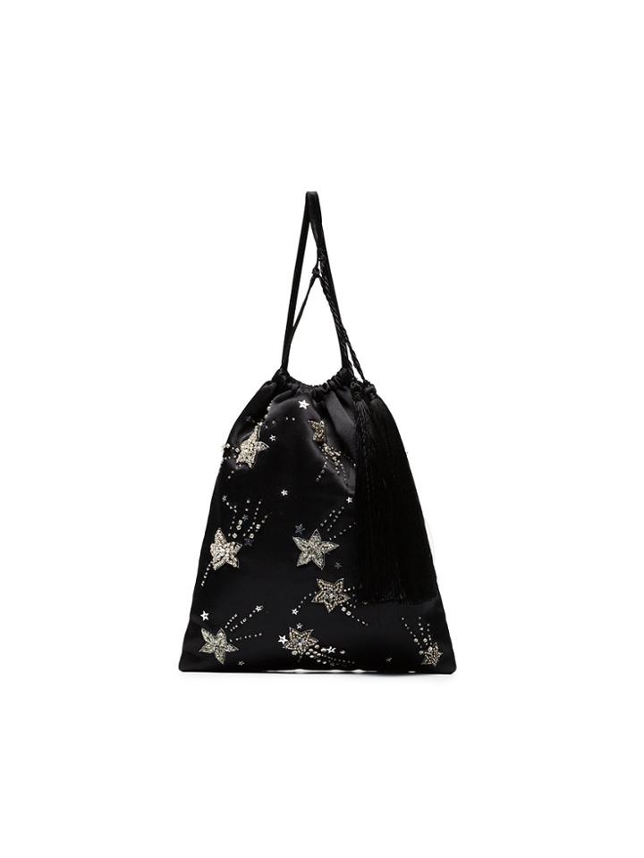 Attico Black Bead Embroidered Tassel Silk Clutch