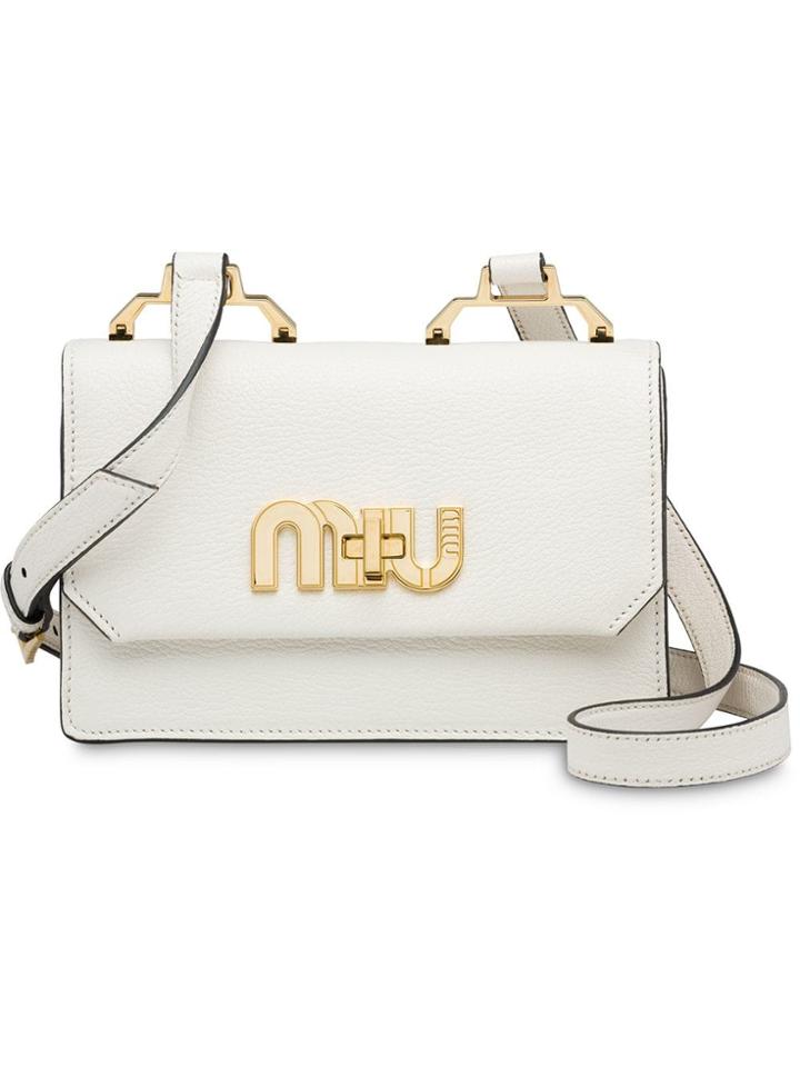 Miu Miu Madras Leather Miu Logo Bandoleer Bag - White