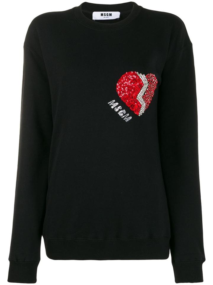 Msgm Long Sleeved Embellished-heart Sweater - Black