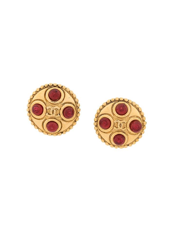 Chanel Vintage Gold Ruby Pate De Verre Clip Earrings