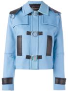 Versace Leather Trim Jacket, Women's, Size: 42, Blue, Lamb Skin/cupro/viscose/virgin Wool