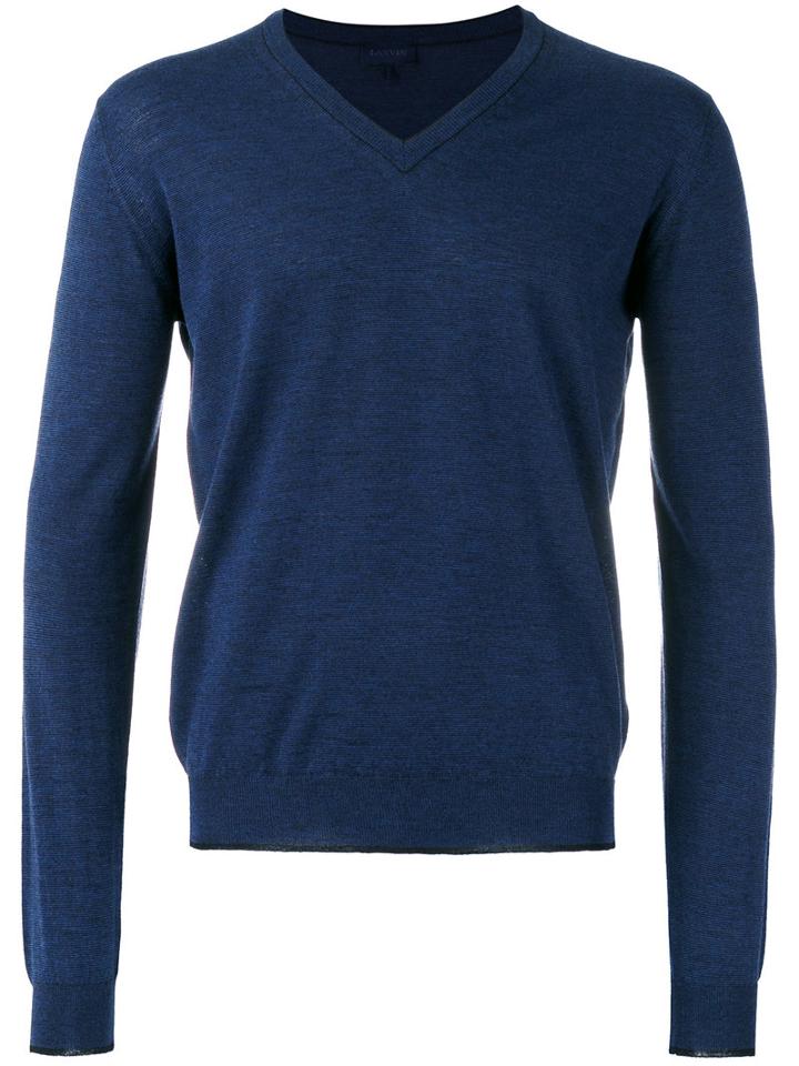 Lanvin Three Material V-neck Jumper, Men's, Size: Large, Blue, Silk/cotton/wool