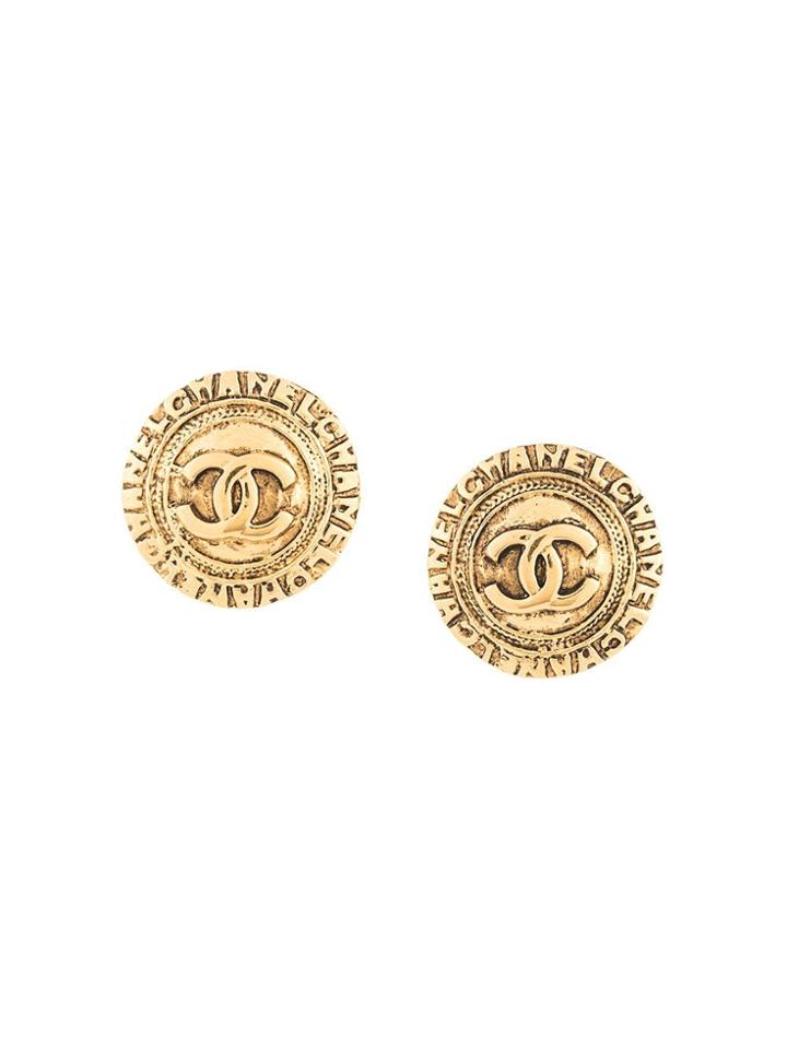 Chanel Vintage Edge Logo Cc Round Earrings - Gold