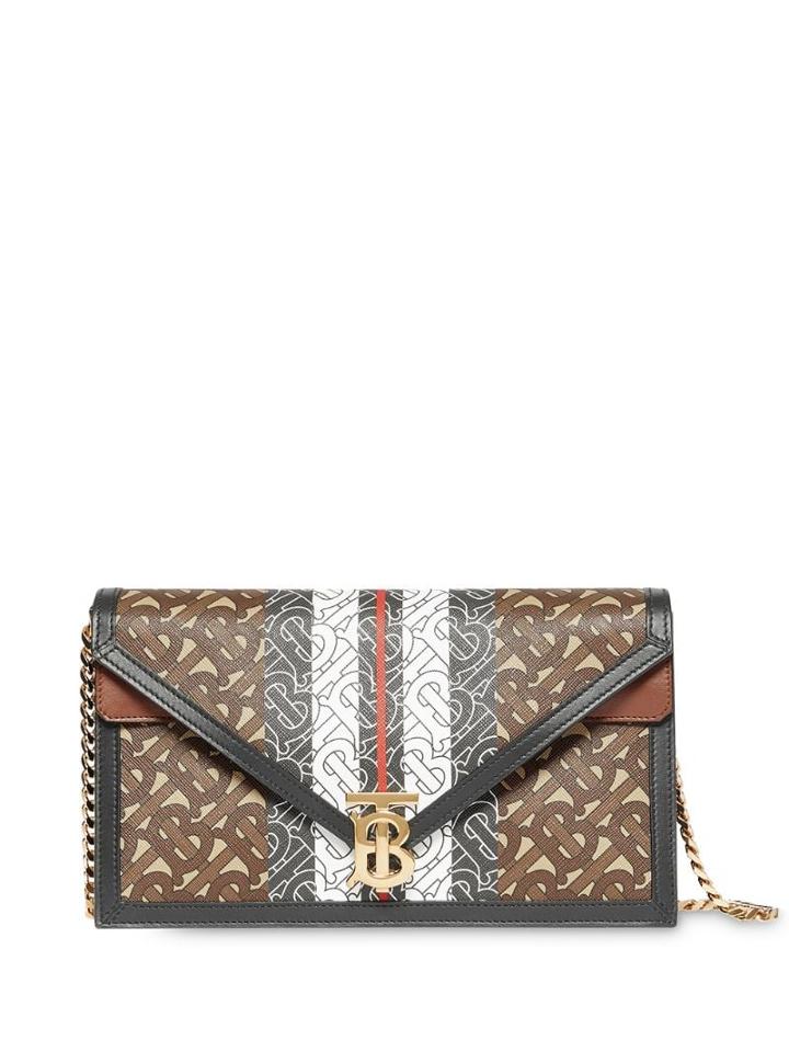 Burberry Small Monogram Stripe E-canvas Tb Envelope Clutch - Brown