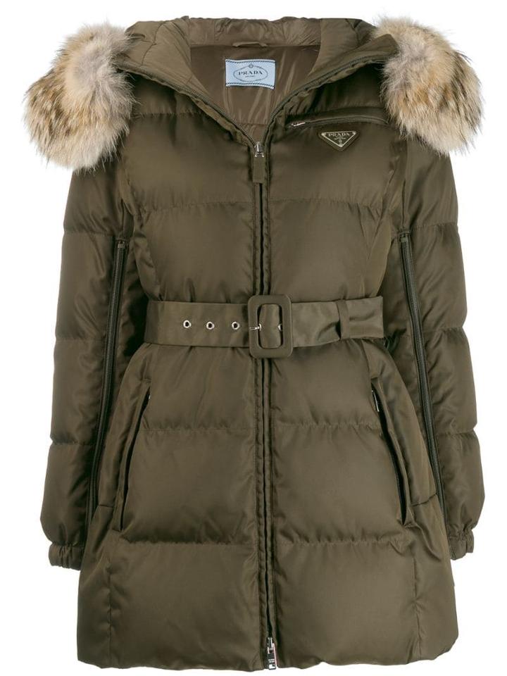 Prada Belted Waist Hooded Coat - Green