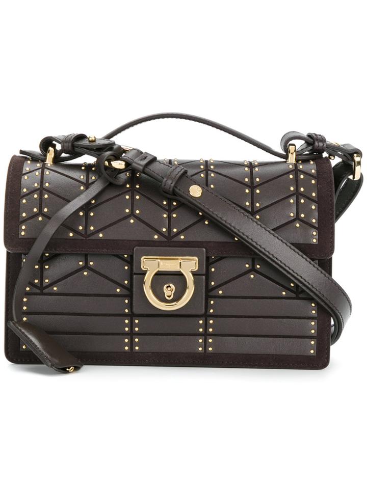 Salvatore Ferragamo Studded Gancio Lock Shoulder Bag - Brown