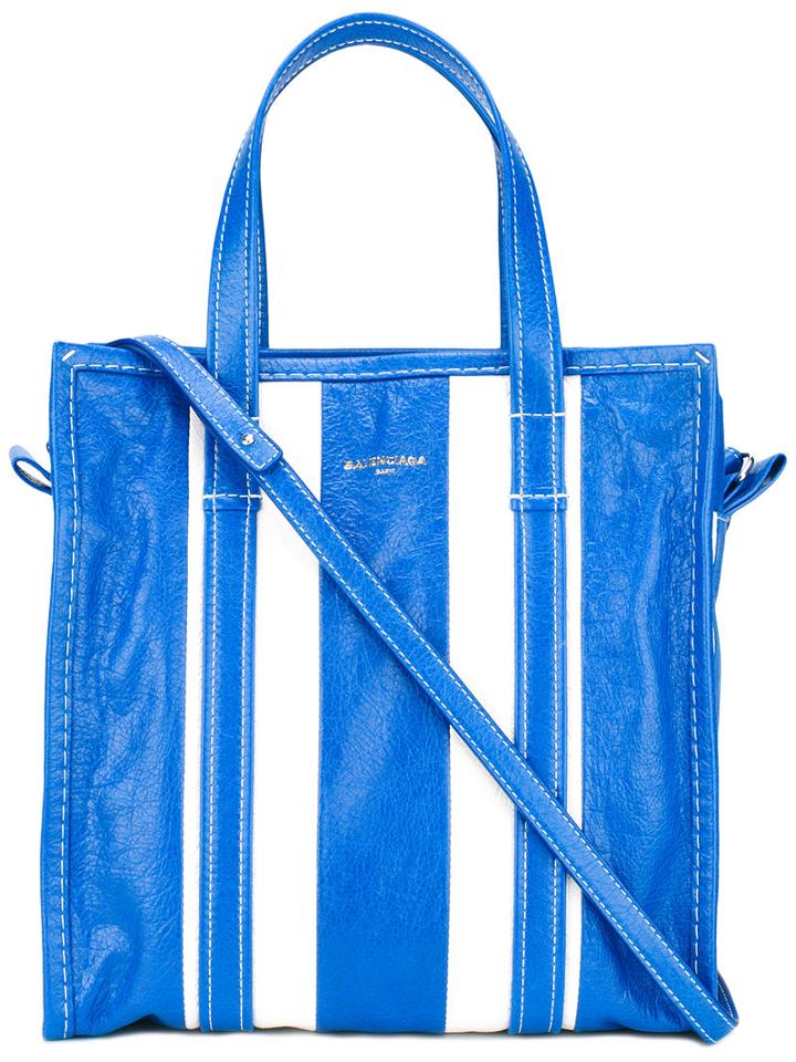 Balenciaga Striped Tote, Women's, Blue, Patent Leather