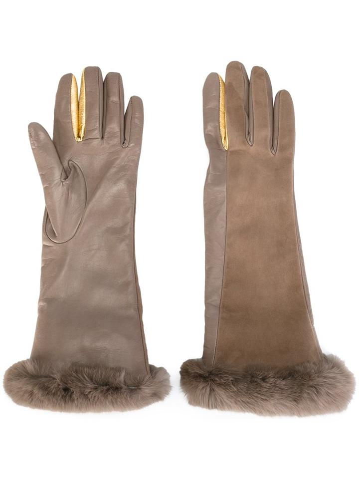Gala Cuff Detail Gloves, Women's, Size: 6.5, Nude/neutrals, Leather/rabbit Fur/suede/cashmere