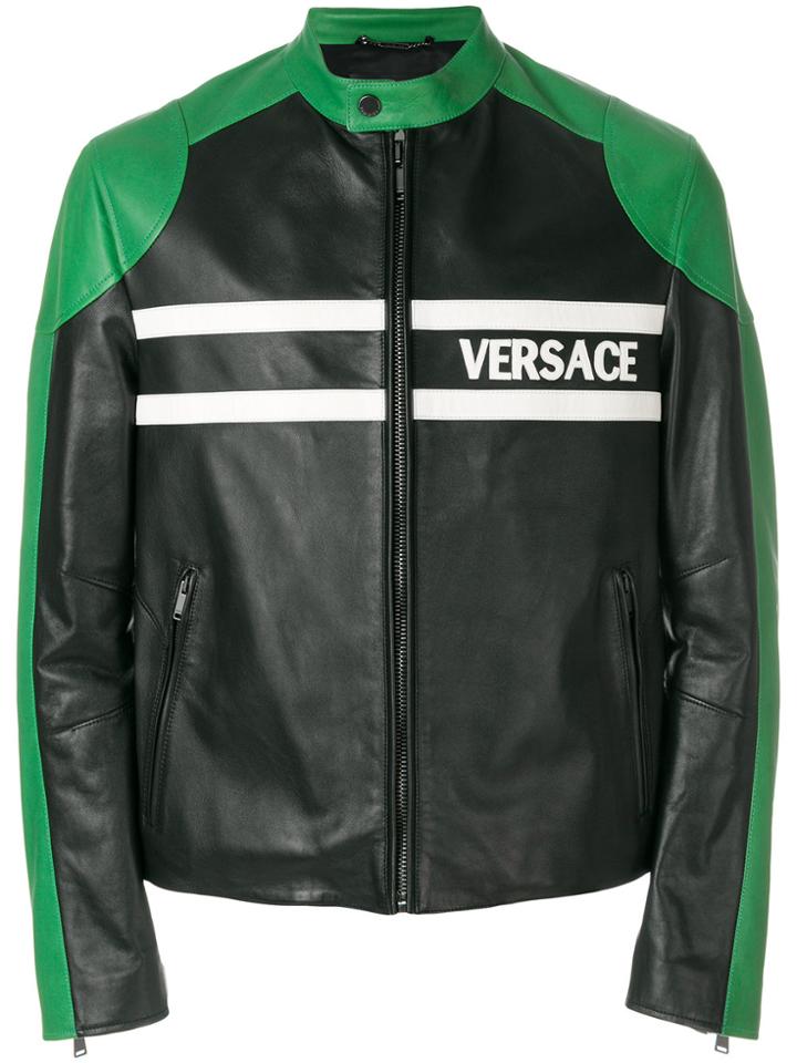 Versace Logo Print Leather Jacket - Black