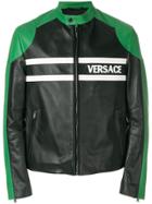 Versace Logo Print Leather Jacket - Black
